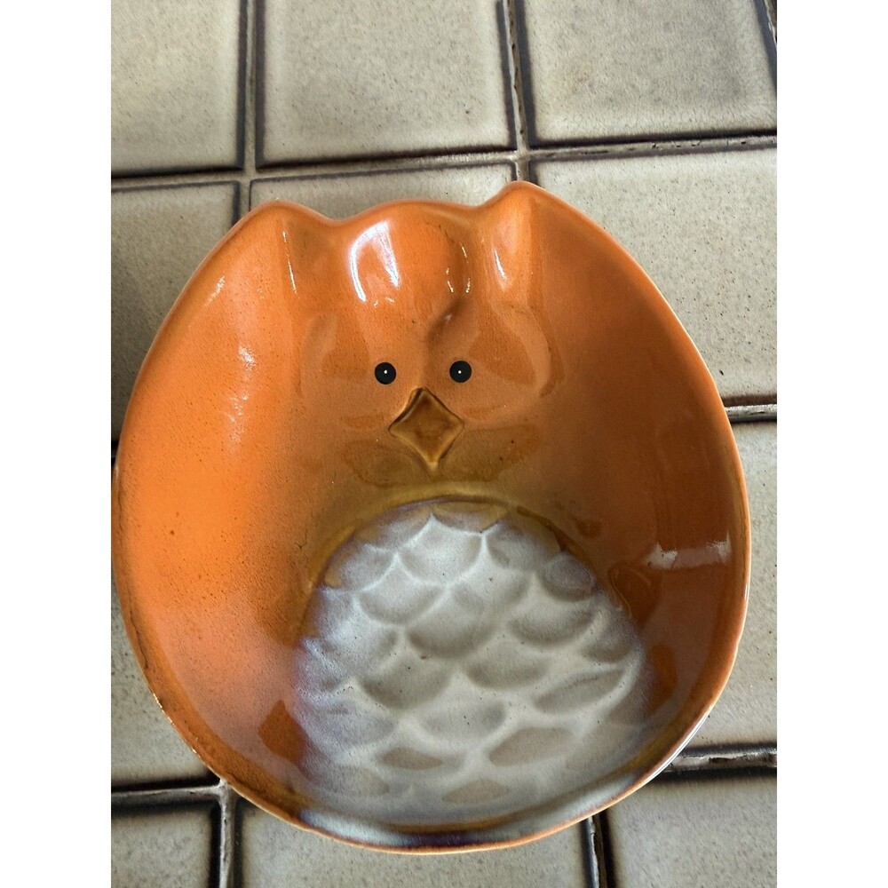 Ceramic Owl Bowls Set of 2 Orange Green Retro Style Trinket Candy Dishes 6”